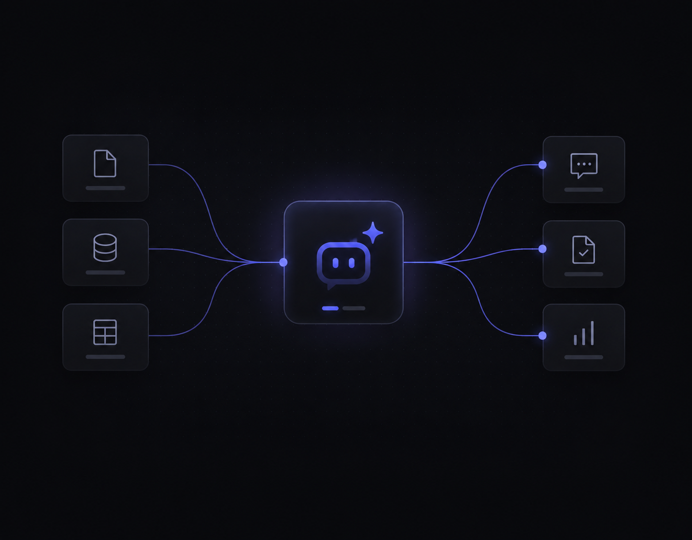 AI agent orchestration — documents, data, and tables flowing through an agent to chat, documents, and reports